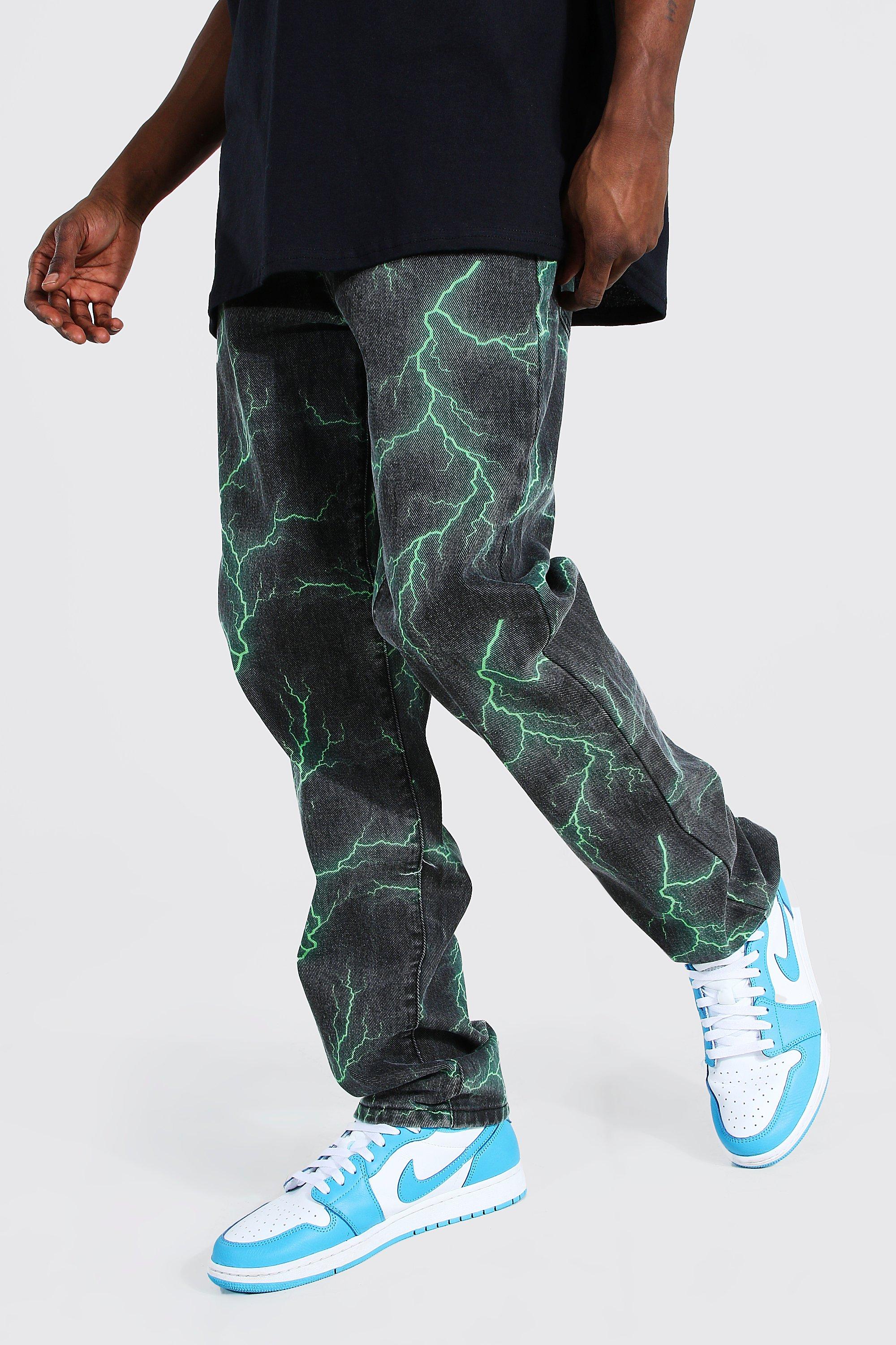 Men's Relaxed Fit Lightning Printed Jeans | Boohoo UK