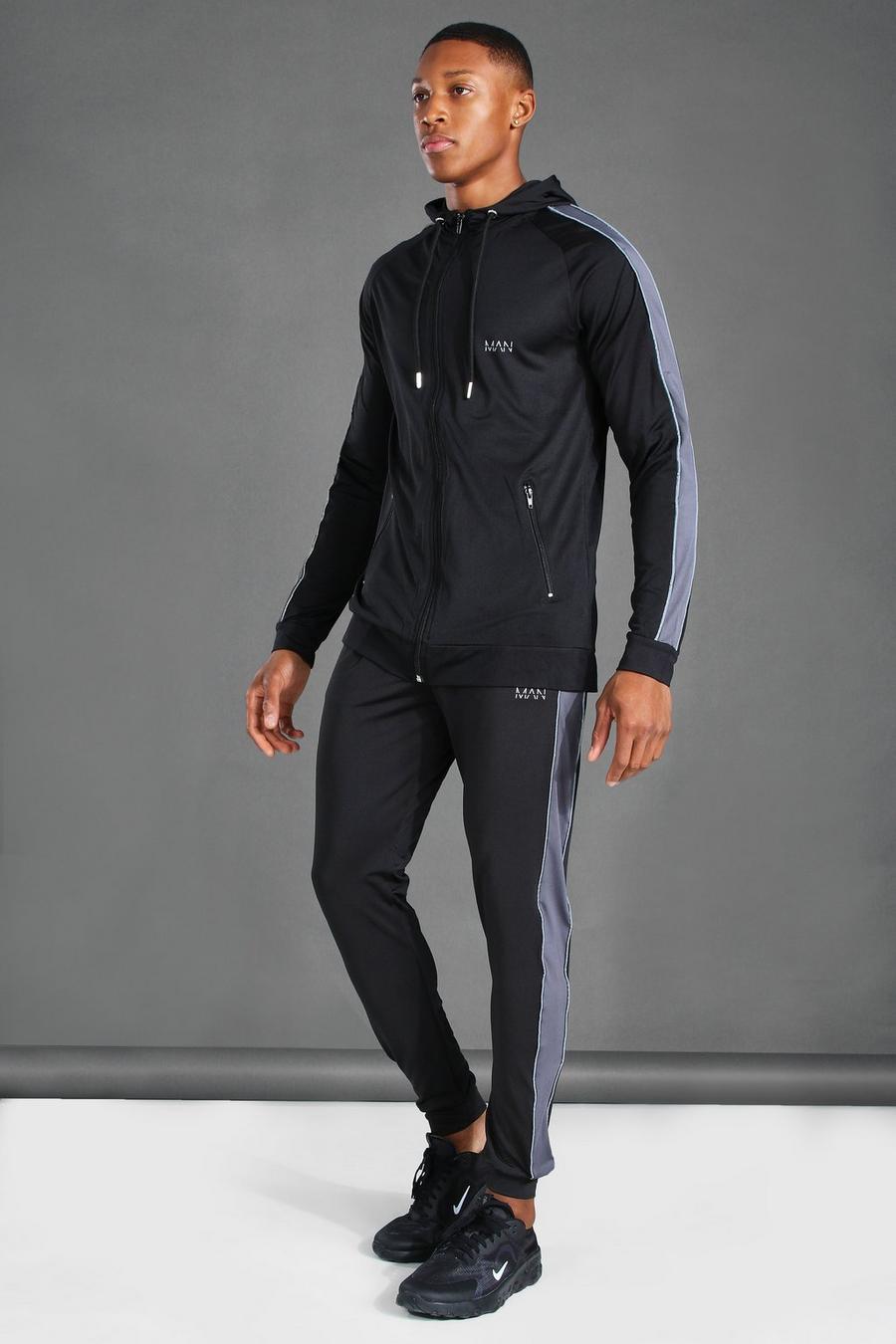 Skinny Fit Man Poly Trainingsanzug mit Kapuze und Reißverschluss, Schwarz image number 1