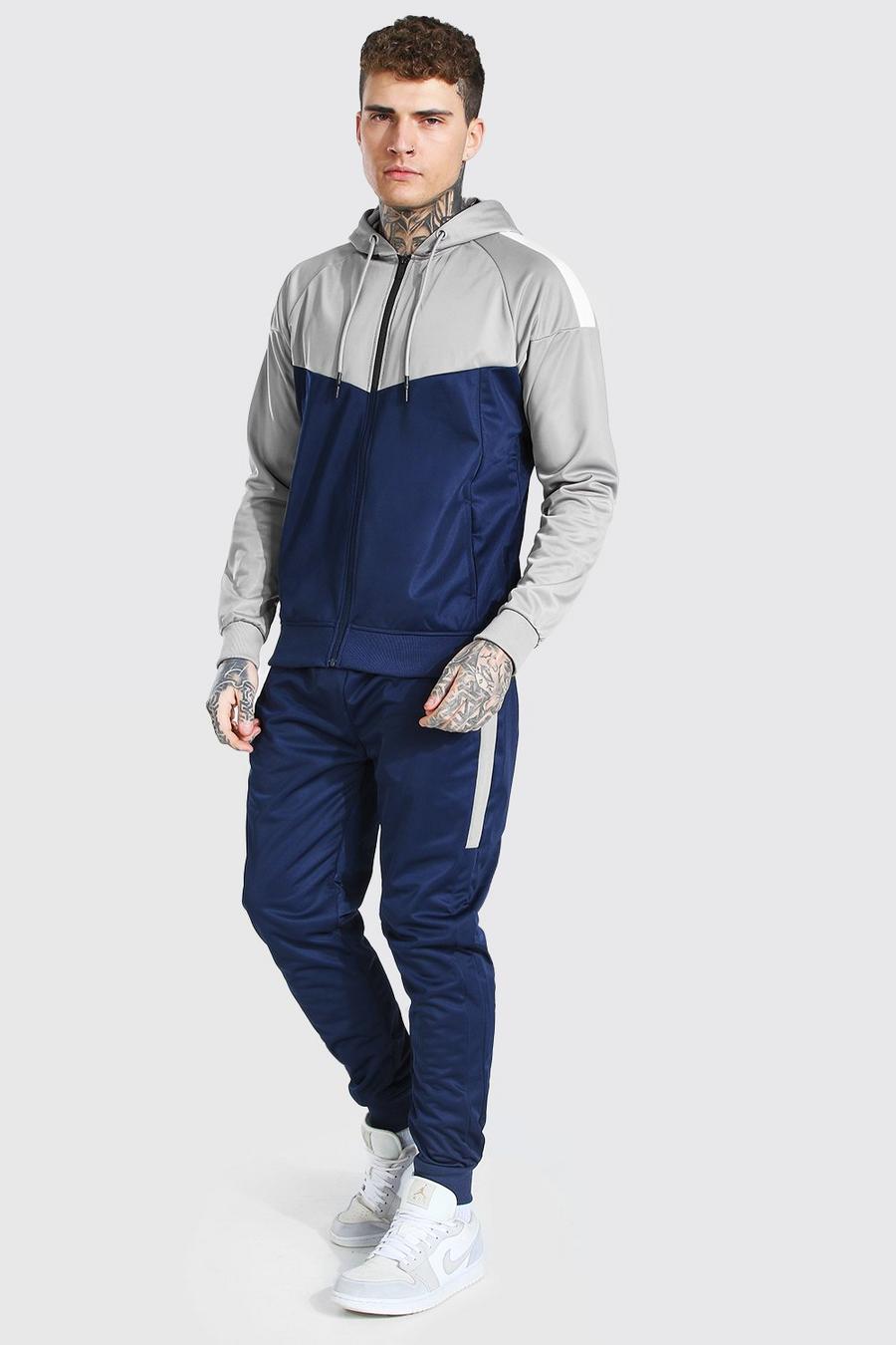 Navy azul marino Poly Colour Block Zip Hooded Tracksuit image number 1