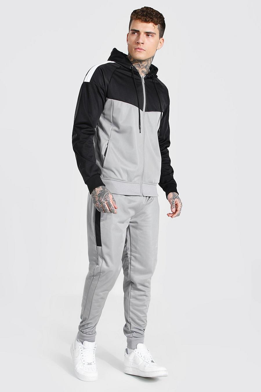 Grey Poly Colour Block Zip Hooded Tracksuit image number 1