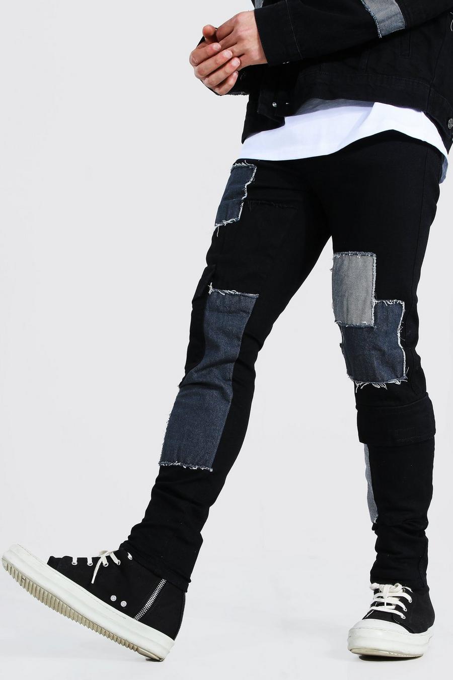 Jeans cargo skinny elasticizzati patchwork, Nero vero image number 1