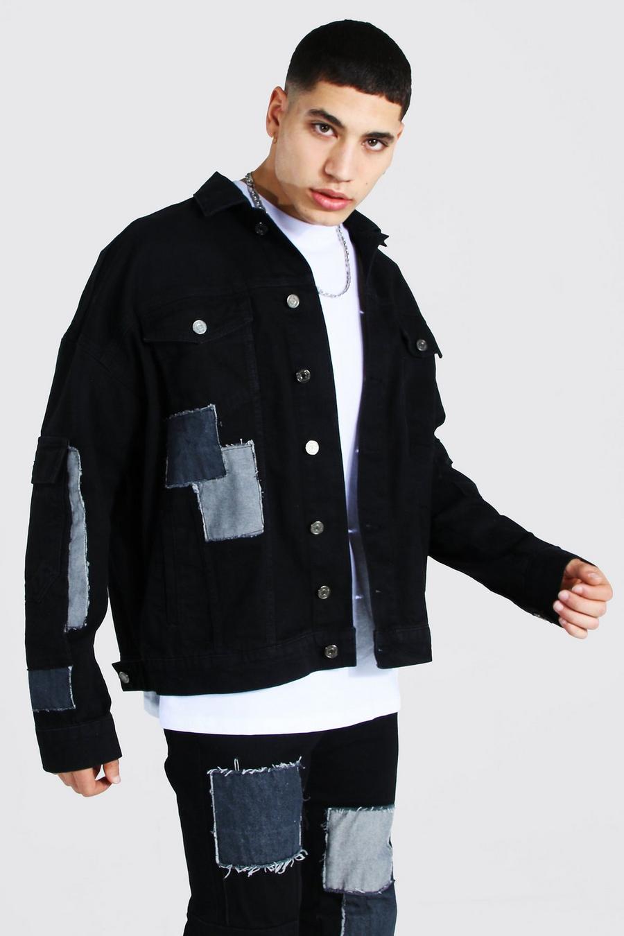 True black Oversize jeansjacka med patchwork och cargofickor image number 1