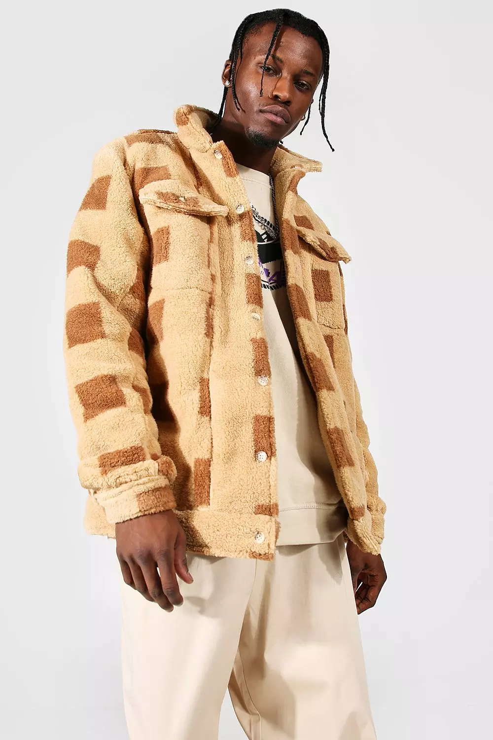 Brown Printed Check Borg Overshirt alternative image