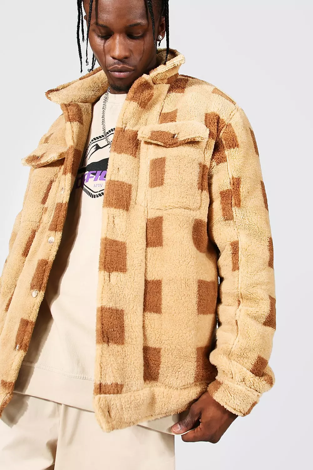 Brown Printed Check Borg Overshirt alternative image