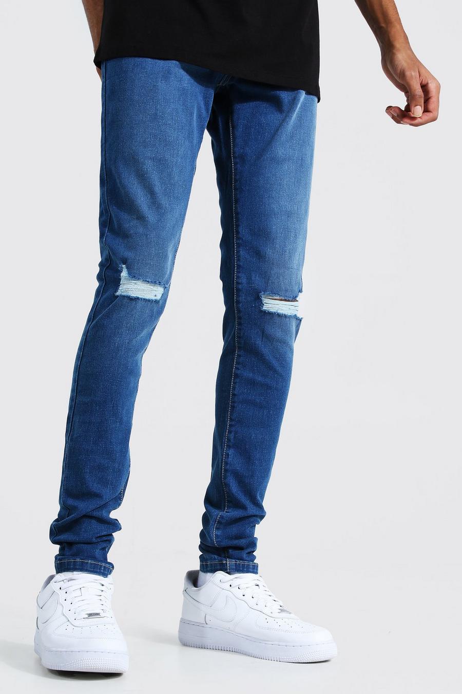 Mid blue Tall - Skinny jeans med slitna knän image number 1