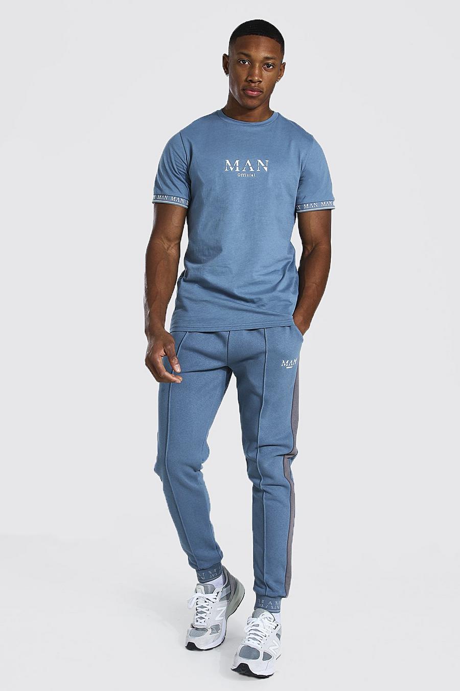 Man Roman T-Shirt Trainingsanzug und Bündchendetail, Blau image number 1