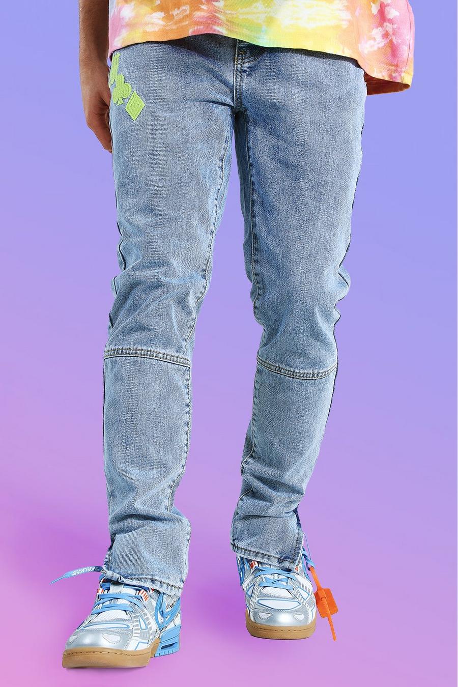 כחול קרח סקיני ג'ינס מבד קשיח עם כיתוב ועיטור רקמה image number 1
