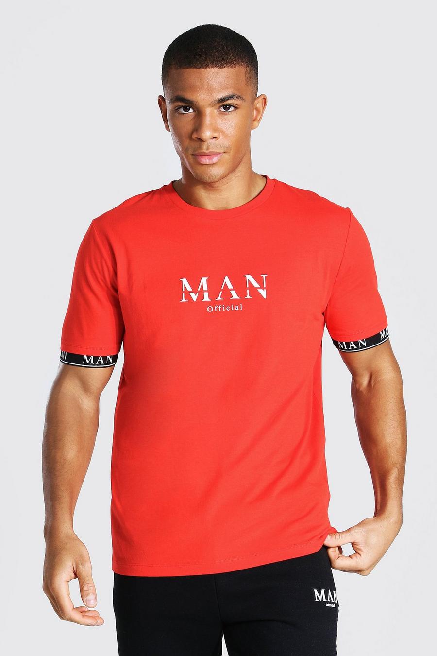 Fire red Man T-Shirt Met Gestreepte Mouw En Tekst image number 1