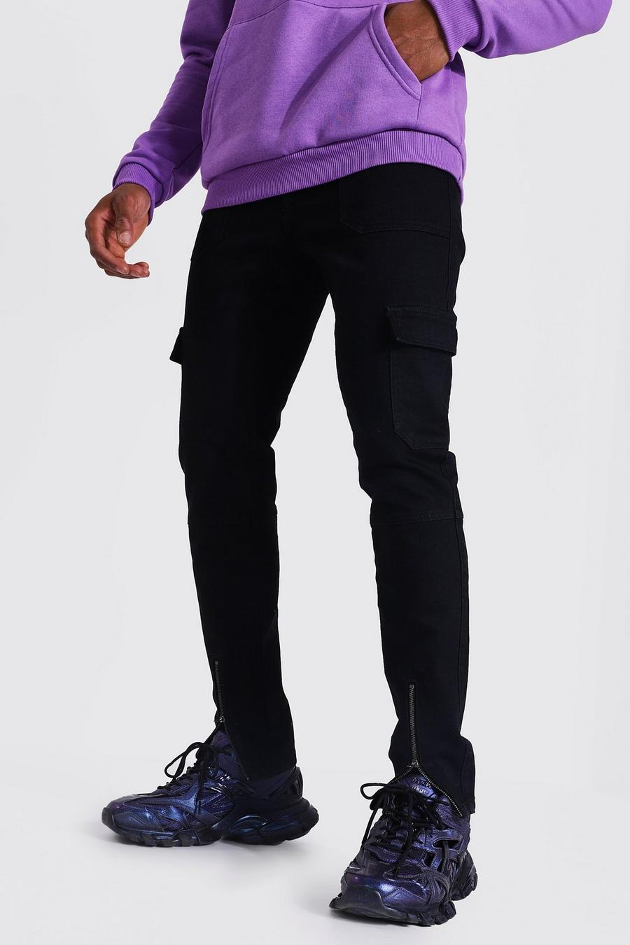 True black Skinny jeans med stretch, dragkedjor och cargofickor image number 1