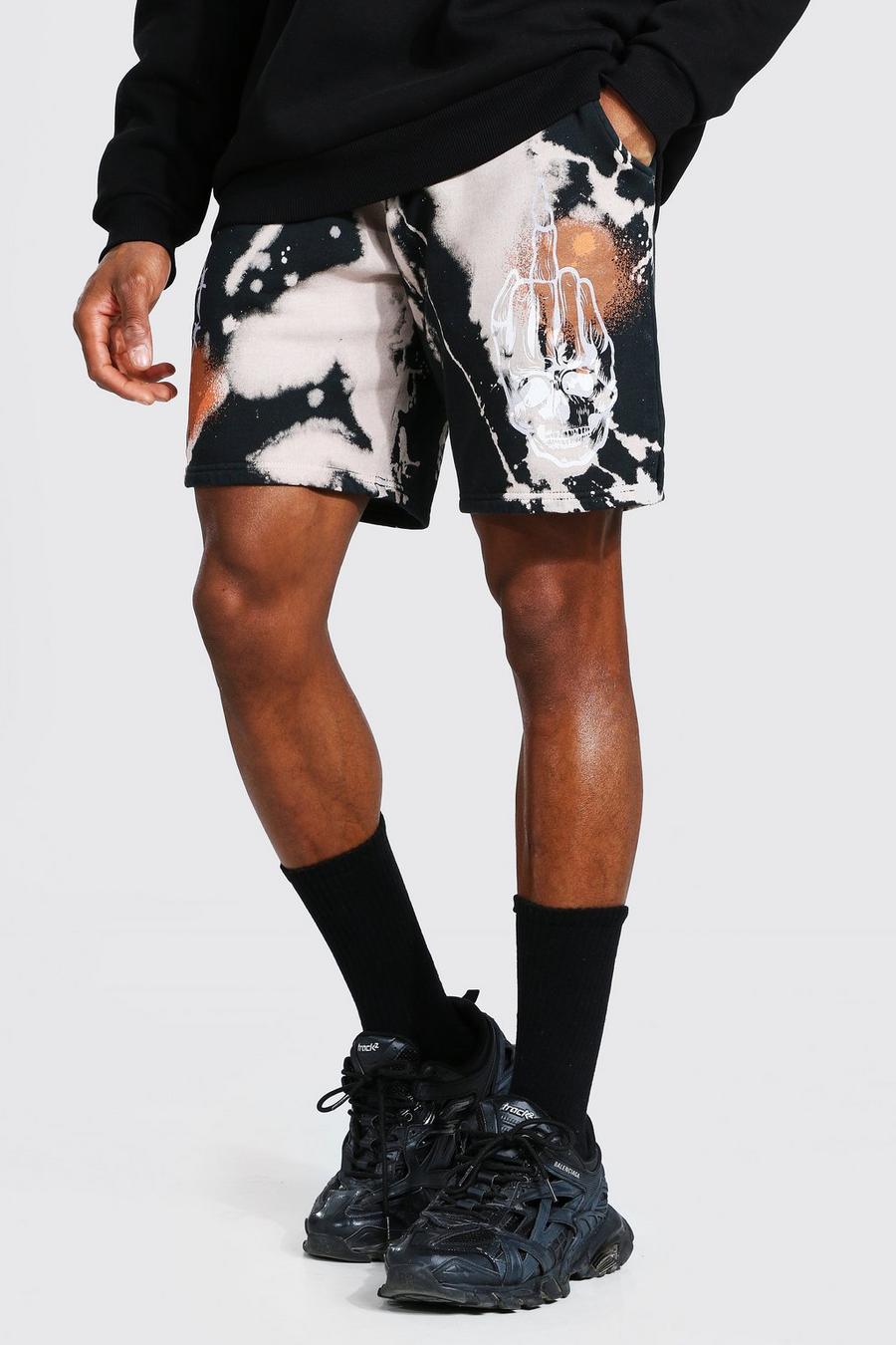 Pantalones cortos holgados con desteñido Graffiti, Negro image number 1