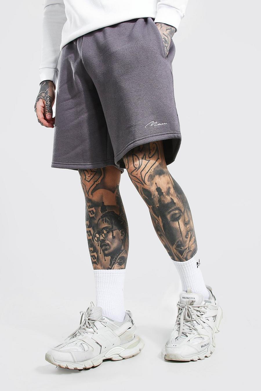 Charcoal grey Man Signature Mid Length Loose Jersey Shorts image number 1