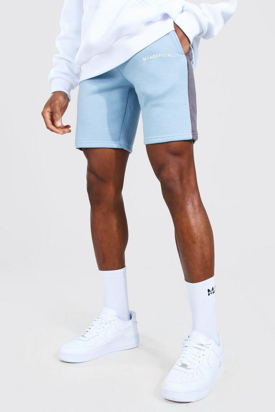 Pantaloncini slim di media lunghezza con pannelli laterali Man Official, Azzurro image number 1