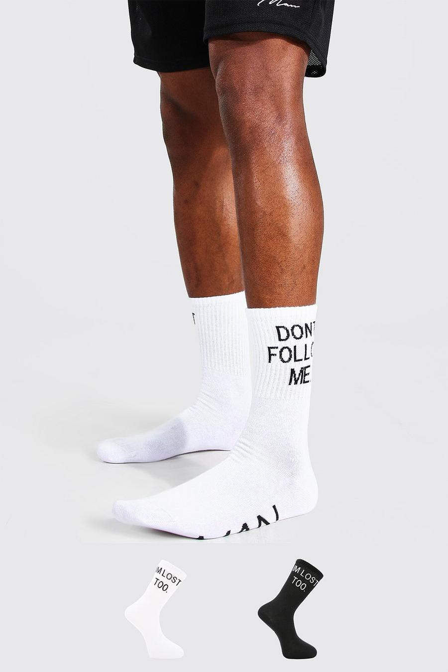 2er-Pack Socken mit „Don‘t Follow Me Lost“-Slogan, Weiß image number 1