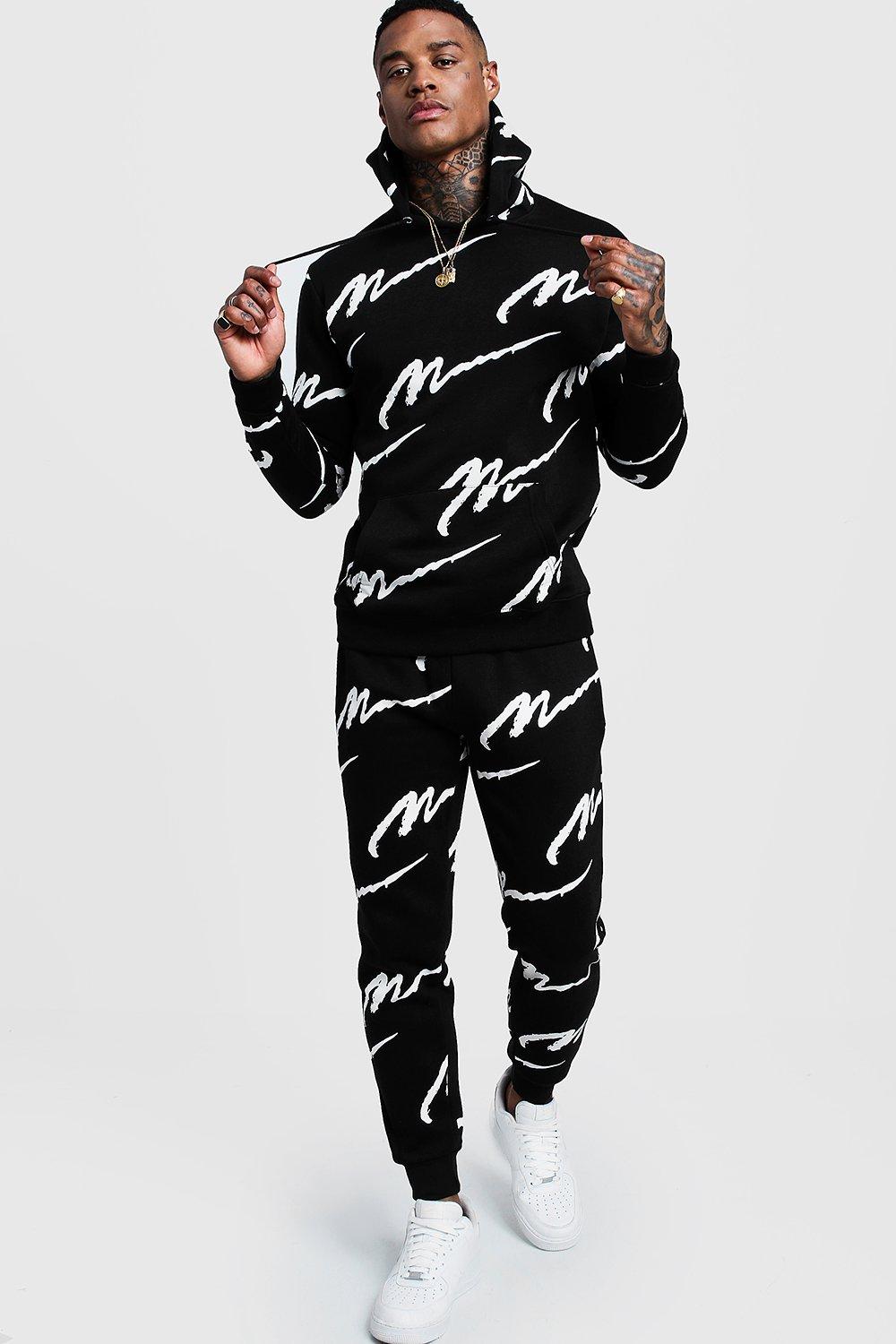 all over man printed hooded tracksuit grey