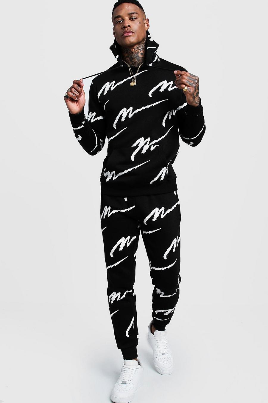 Black All Over Man Printed Hooded Tracksuit image number 1