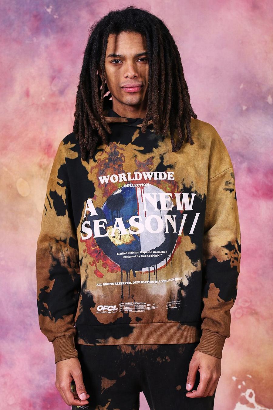 Brown "New Season" Oversize hoodie med droppande tryck image number 1