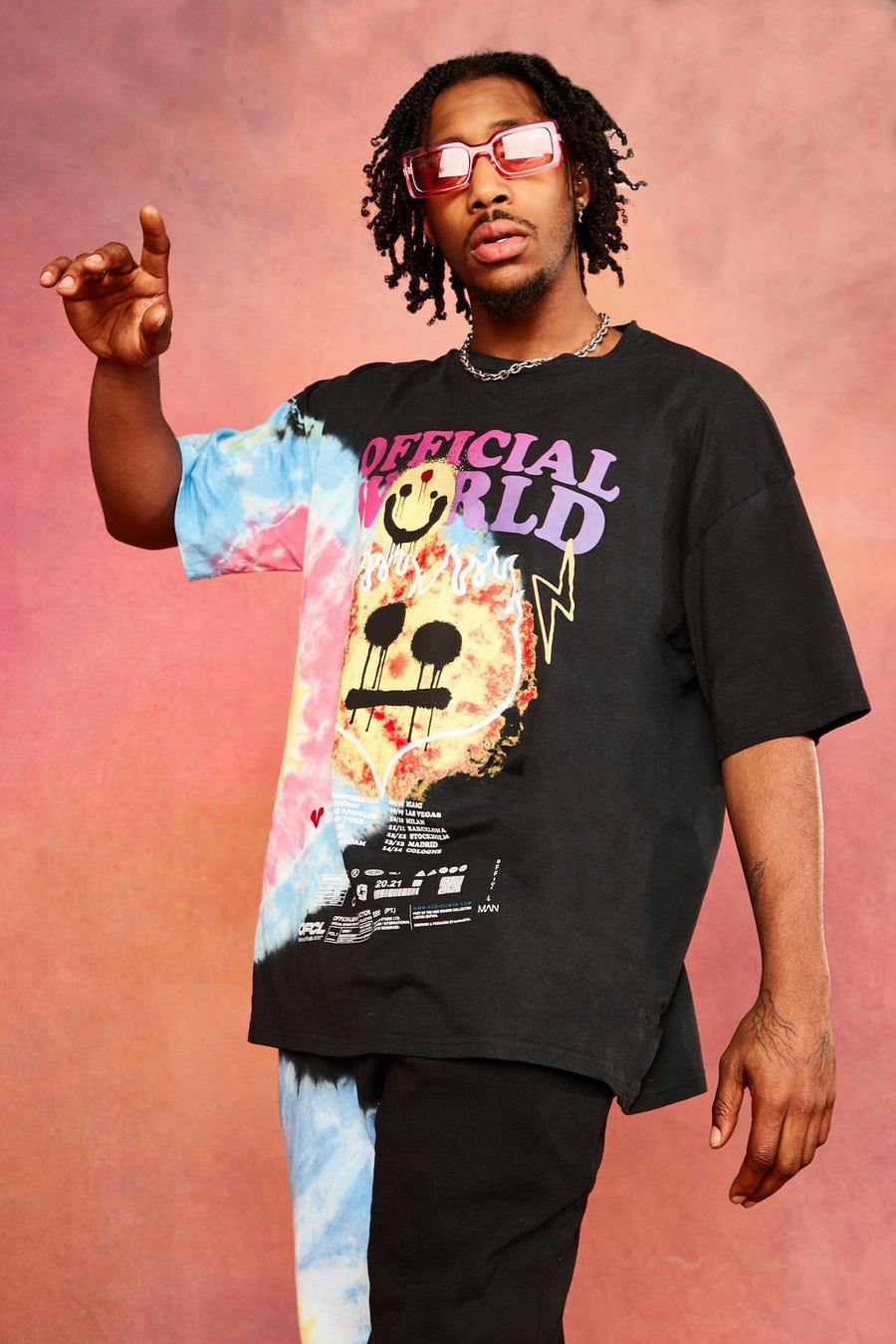 Batik-T-Shirt in Übergröße mit Flame Drip Face, Schwarz image number 1