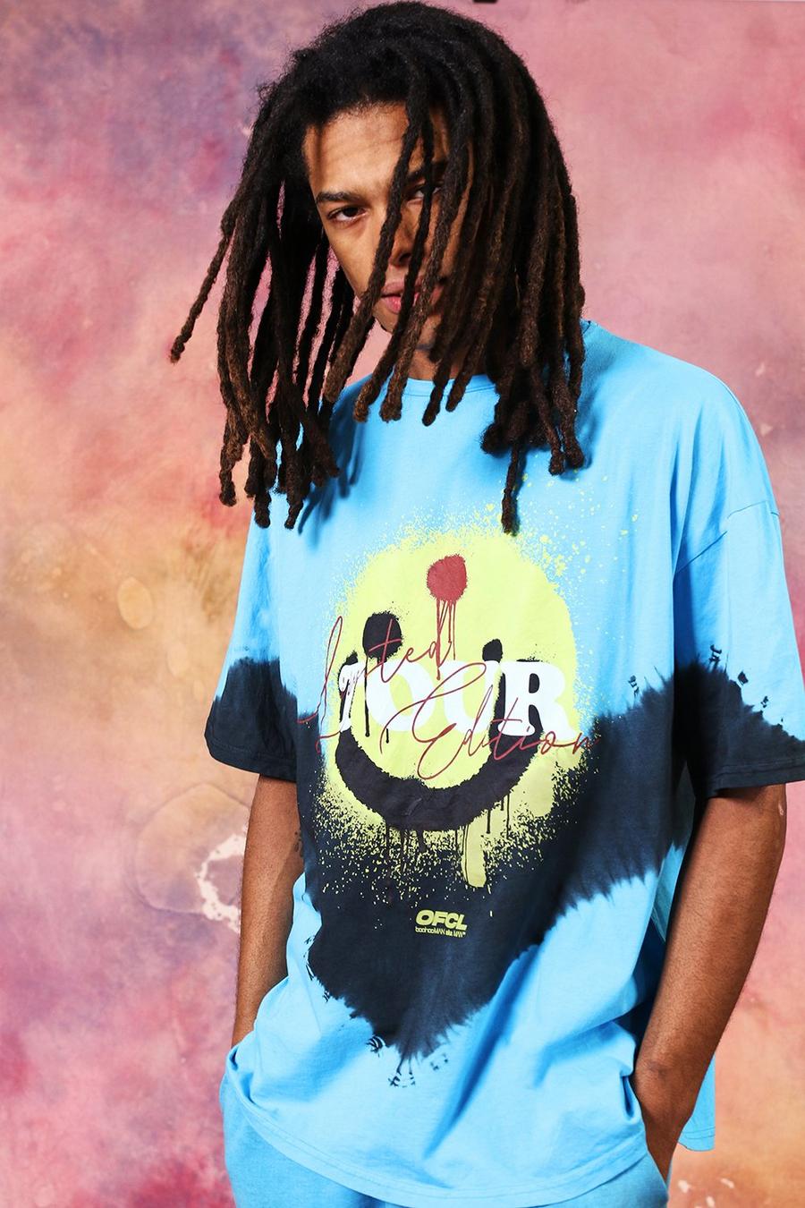 T-shirt oversize con stampa di faccia che sgocciola effetto tie dye, Azzurro image number 1