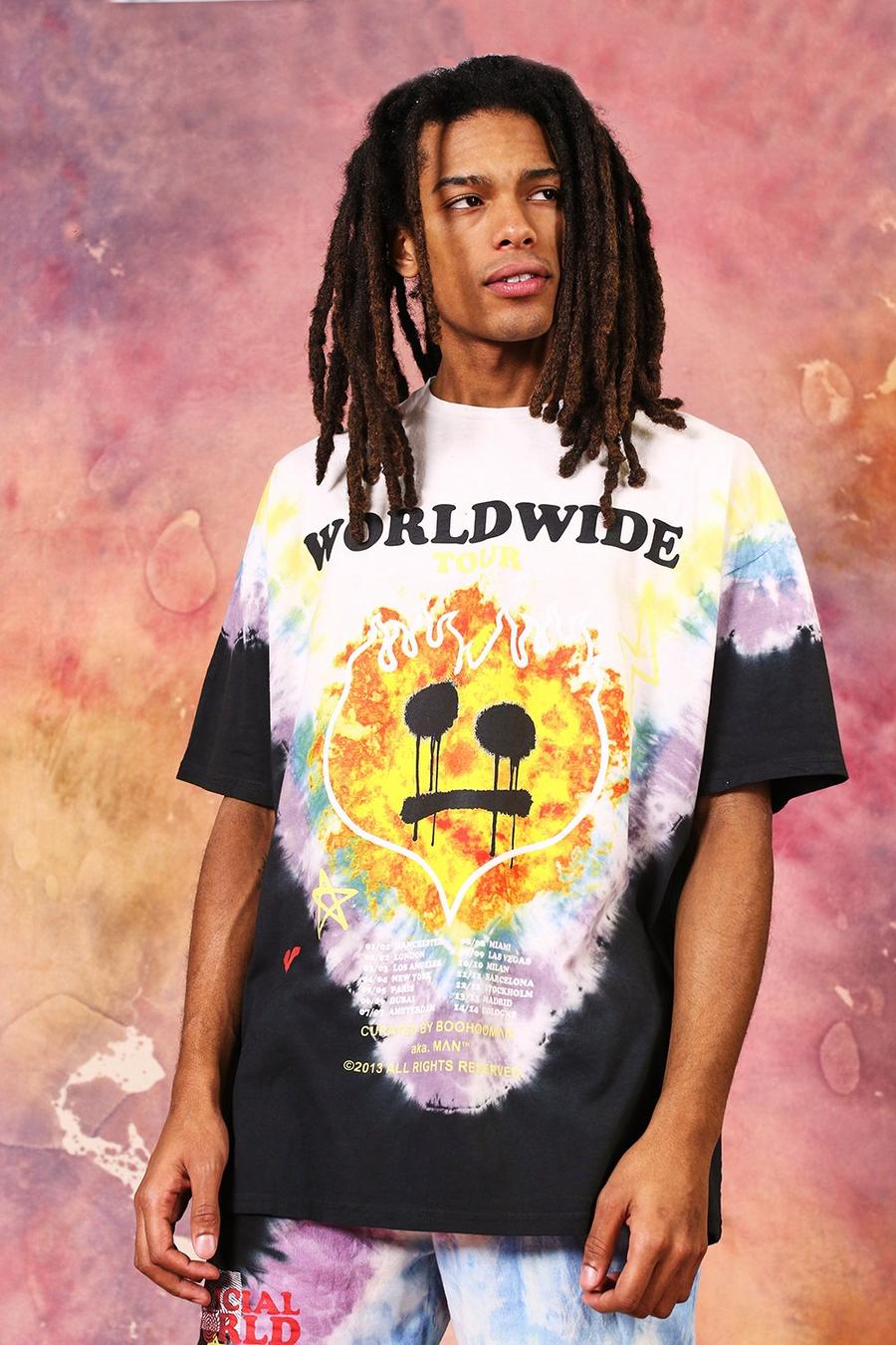 T-Shirt in Batik-Optik und Übergröße mit Worldwide Drip Face-Print, Mehrfarbig image number 1