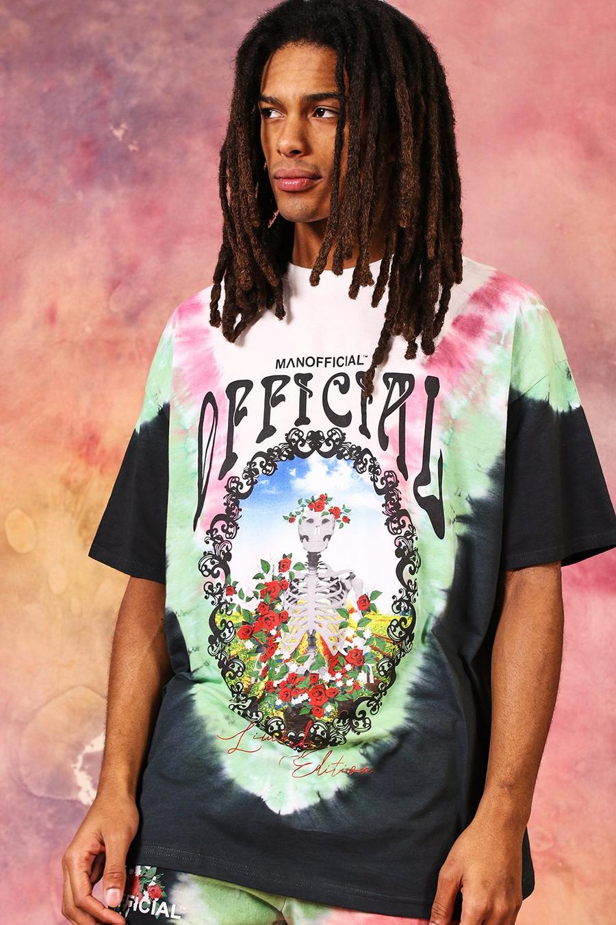 Camiseta ancha desteñida de esqueleto con estampado floral, Multicolor image number 1