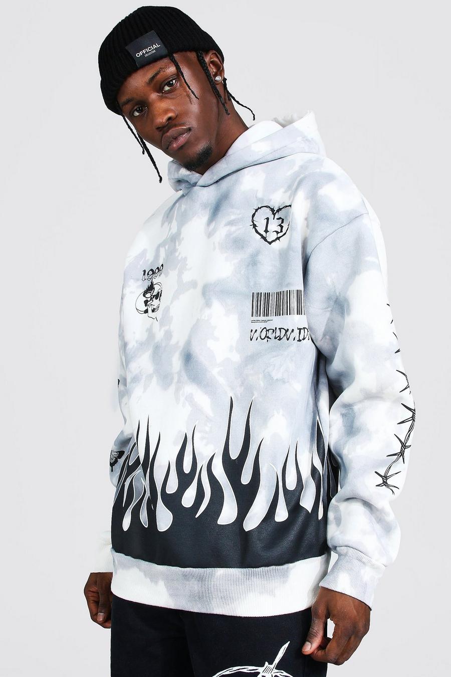 Grey Oversize batikmönstrad hoodie med graffititryck image number 1