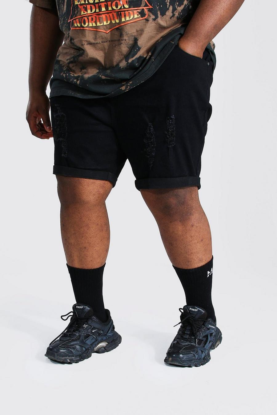 Black Plus Size Versleten Skinny Fit Denim Shorts image number 1