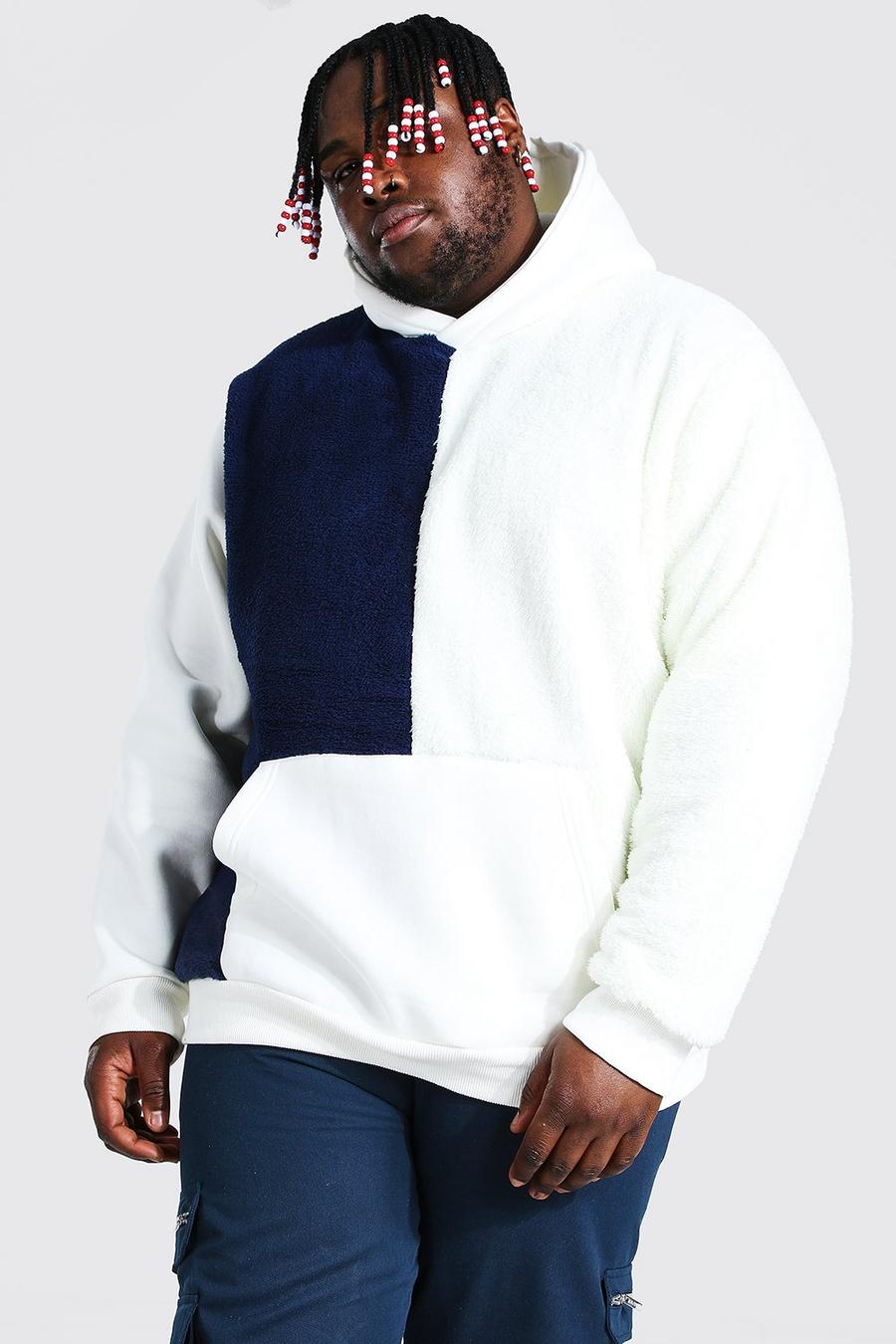 Navy Plus Size Borg Colour Block Hoodie image number 1