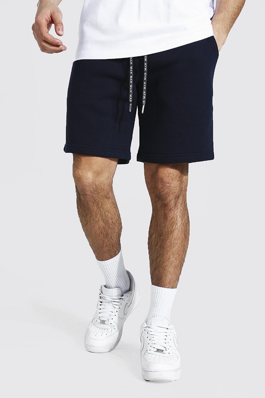 Navy Mid Length Jersey Shorts With Man Draw Cords image number 1