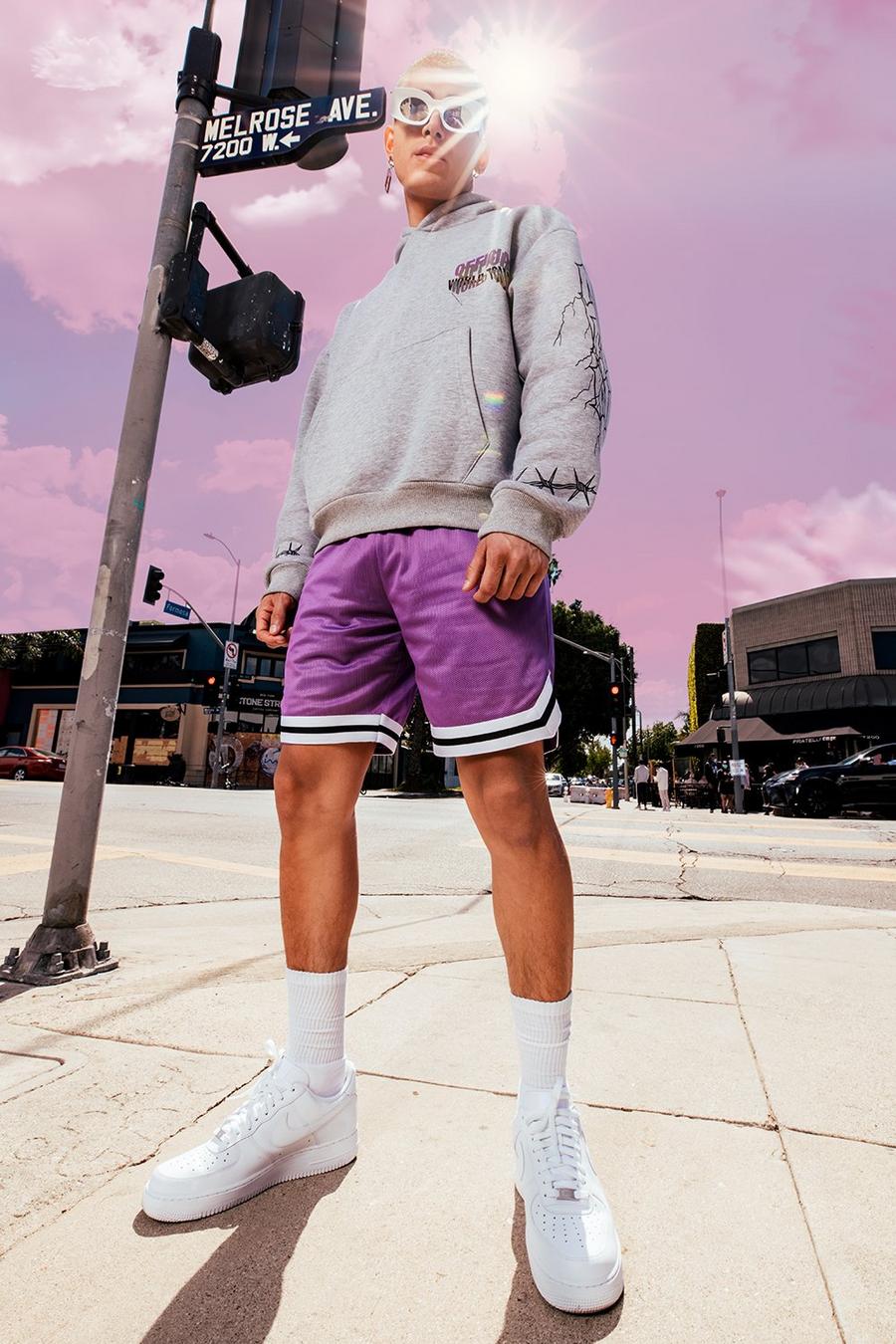 Purple Mesh Basketball Shorts With Tape image number 1