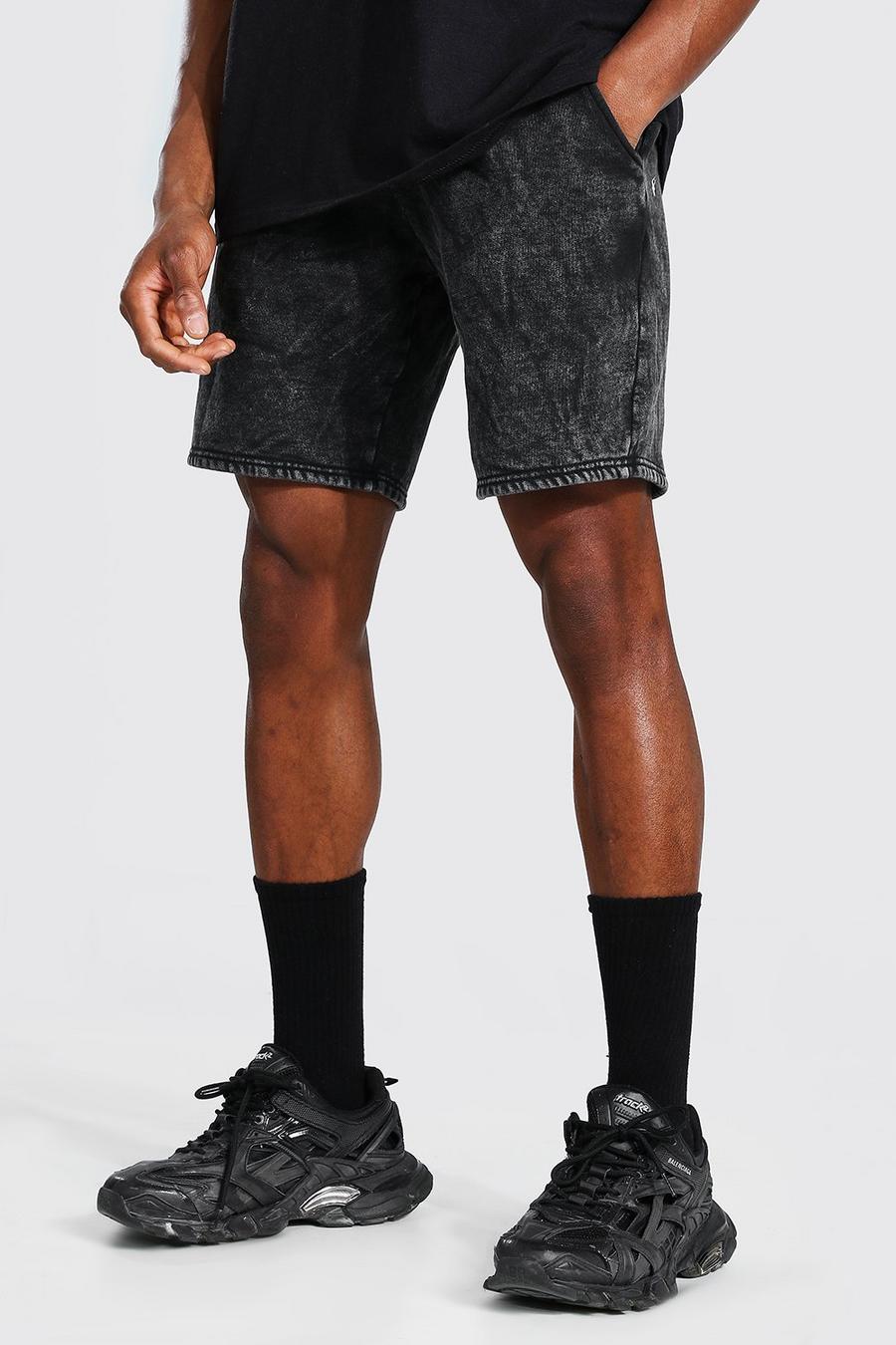 Black Middellange Regular Fit Acid Wash Gebleekte Jersey Shorts image number 1