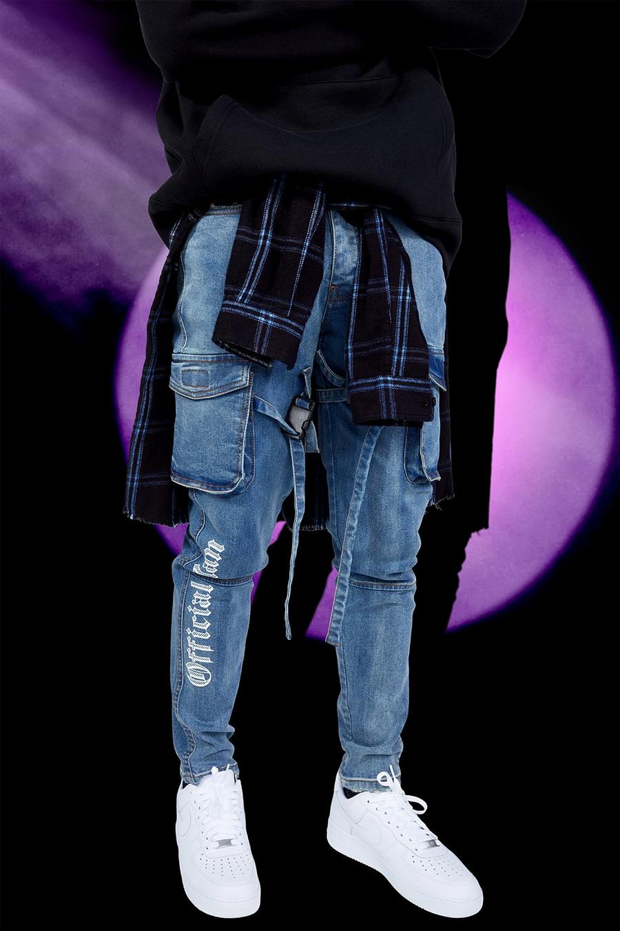 Jeans cargo skinny elasticizzati con stampa e cinghia, Blu antico image number 1