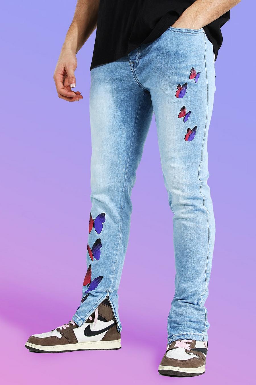 Ice blue Skinny jeans med stretch och fjärilar image number 1