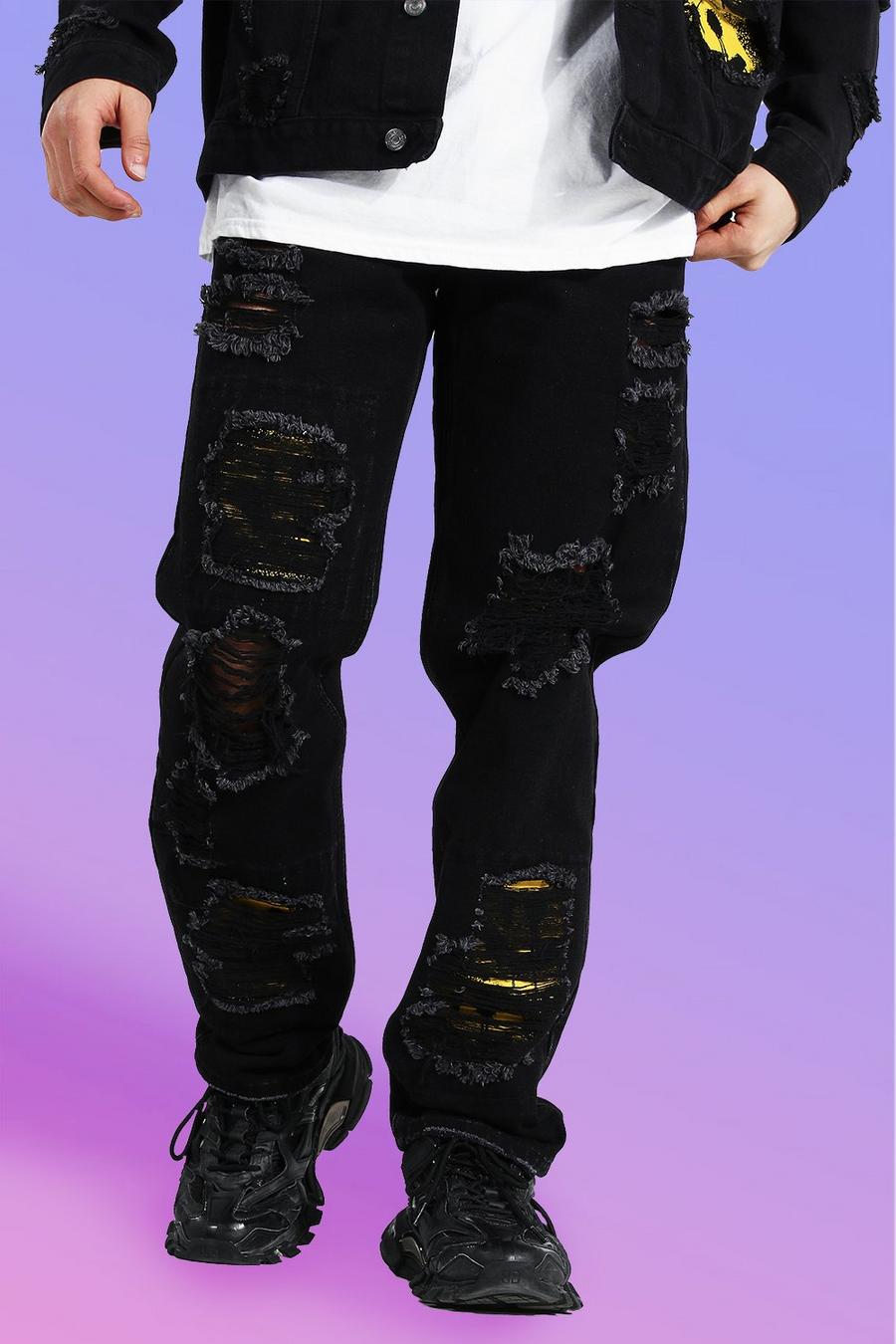 שחור אמיתי ג'ינס בגזרה משוחררת עם קרעים וטלאים עם דוגמת פרצוף image number 1