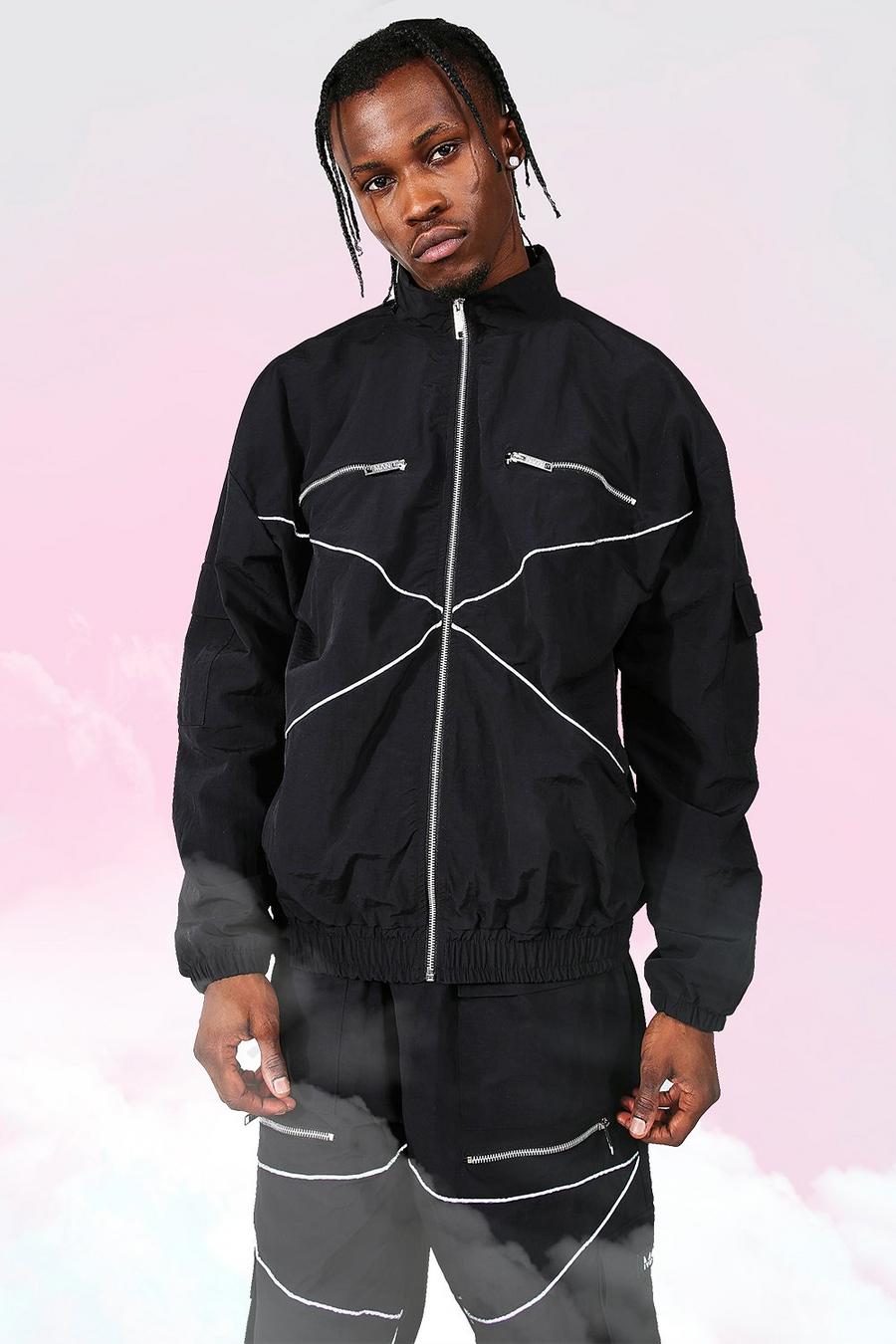 Black Oversized Man Reflective Piping Track Top image number 1