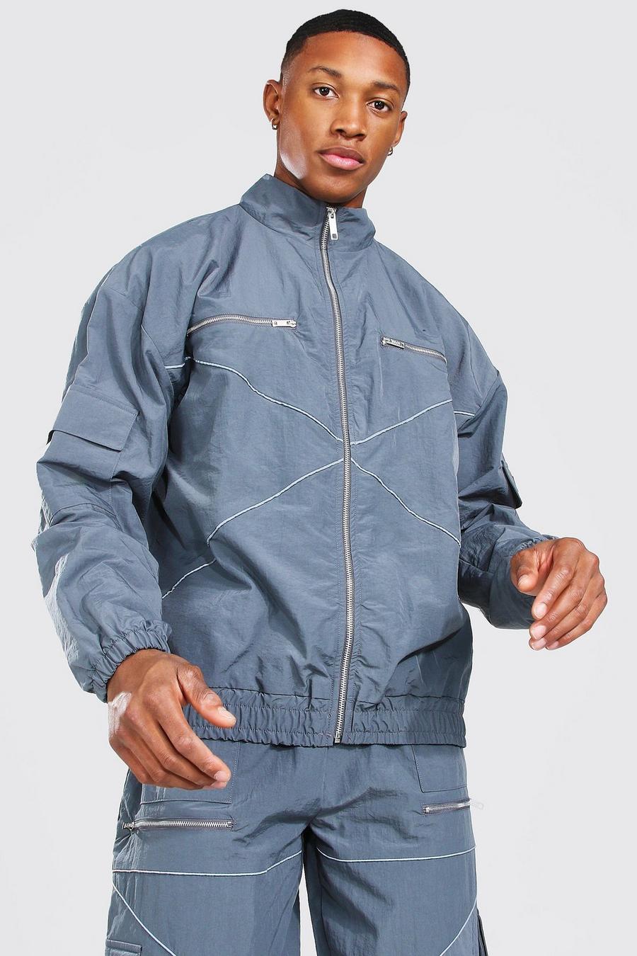 Charcoal Oversized Man Reflective Piping Track Top image number 1