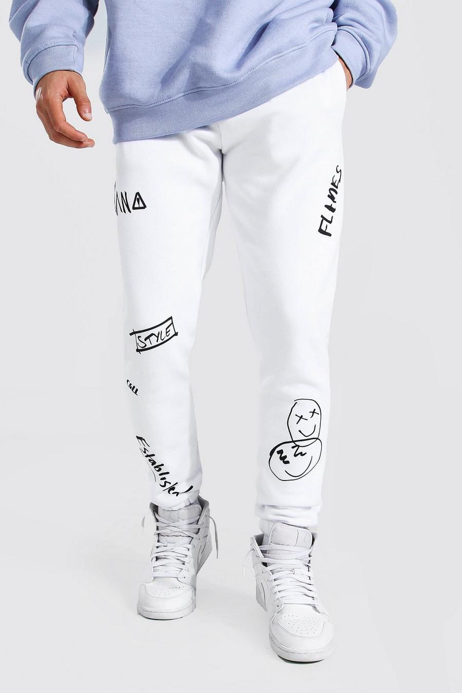 Slim Fit Jogginghose mit Graffiti-Print und Man-Motiv, Weiß image number 1