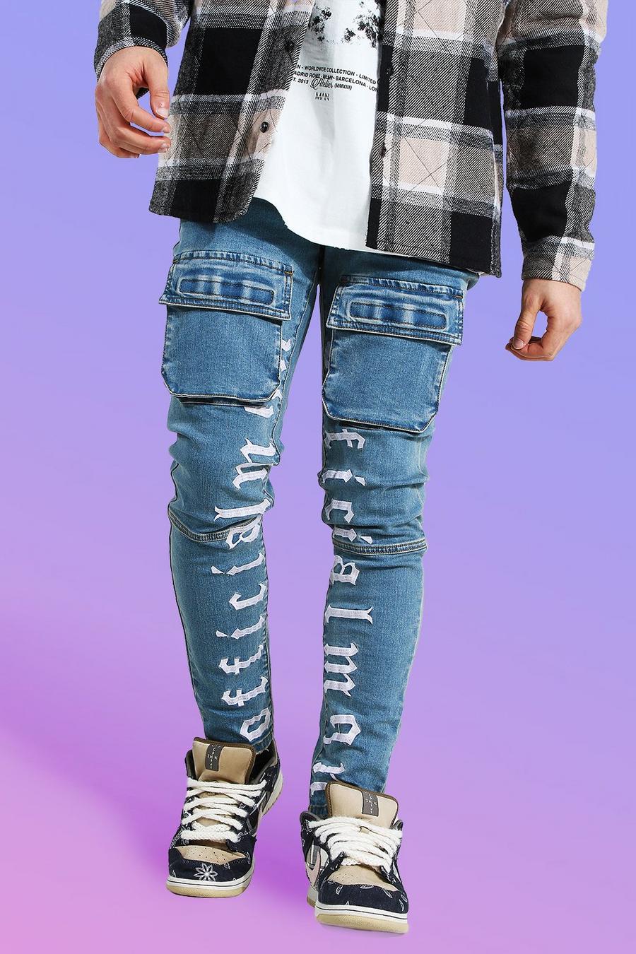 Steife Skinny Cargo-Jeans mit besticktem Bein, Antikes blau image number 1