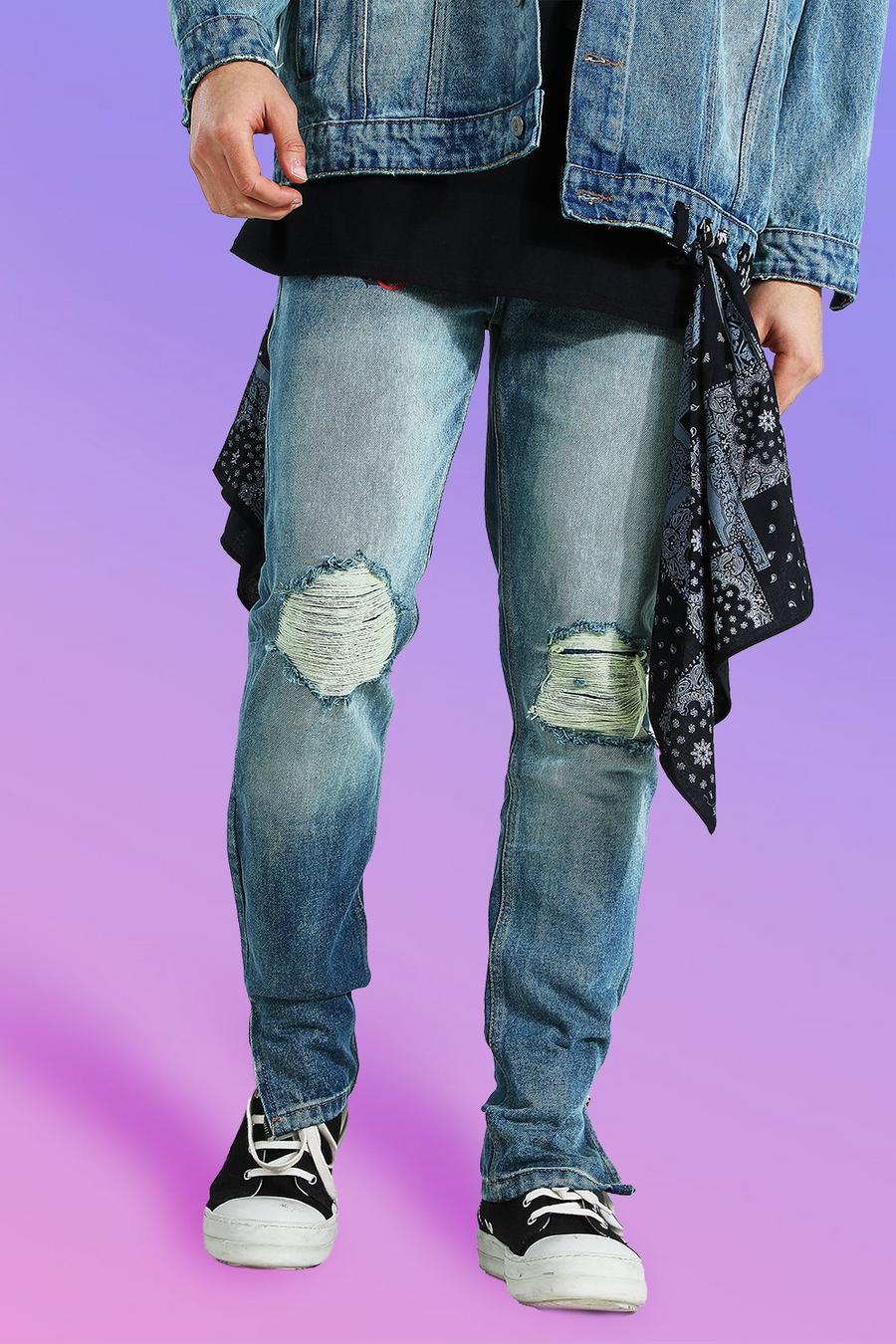 כחול עתיק ג'ינס סקיני קשיח עם קרעים בברכיים והדפס בנדנה image number 1