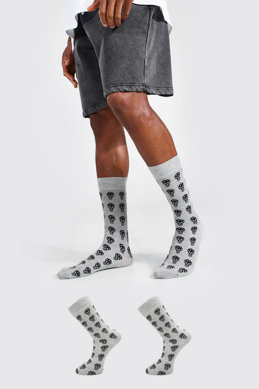 אפור מארז 2 זוגות גרביים עם כיתוב חצוי Man והדפס גולגולות image number 1