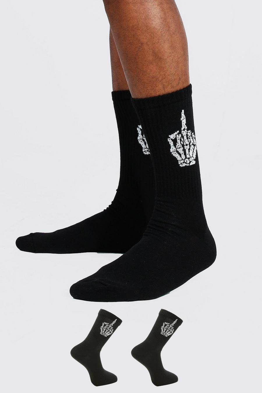 Pack de 2 pares de calcetines deportivos de jacquard con estampado de dedo y calavera, Negro image number 1