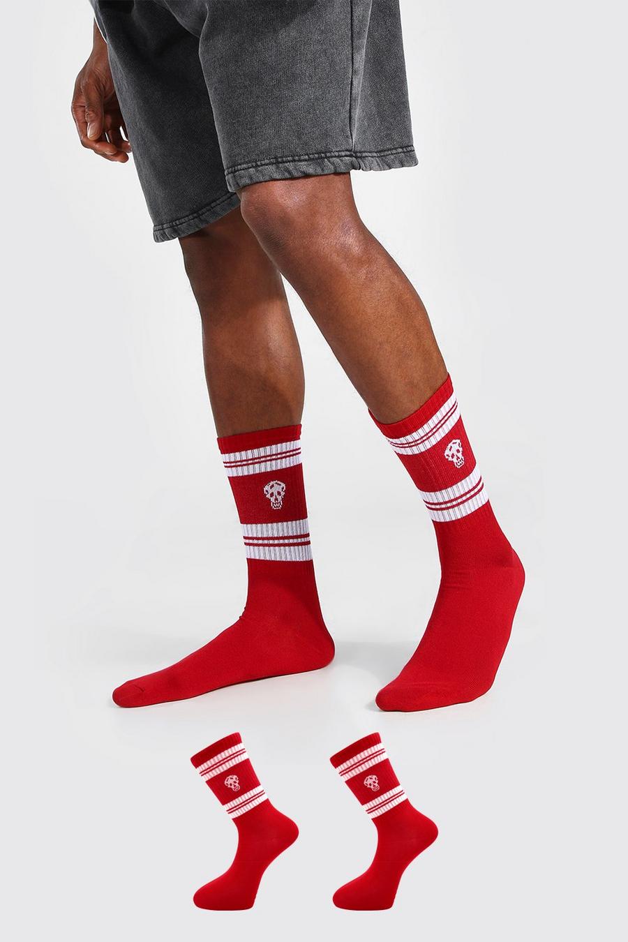 אדום מארז 2 זוגות גרביים עם פסים הדפס גולגולת וכיתוב חצוי Man image number 1