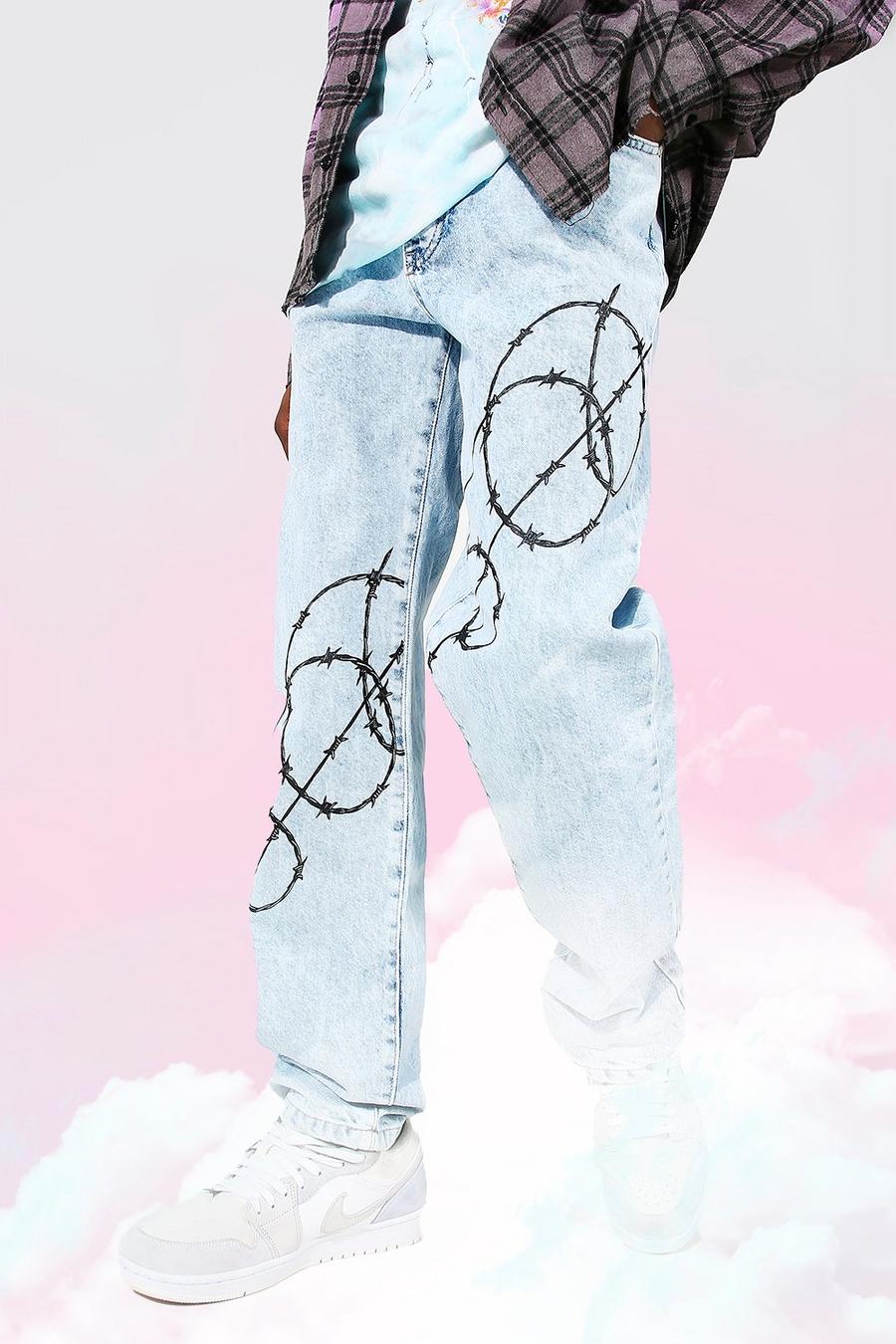 כחול קרח ג'ינס בגזרה משוחררת עם הדפס חוט תיל image number 1