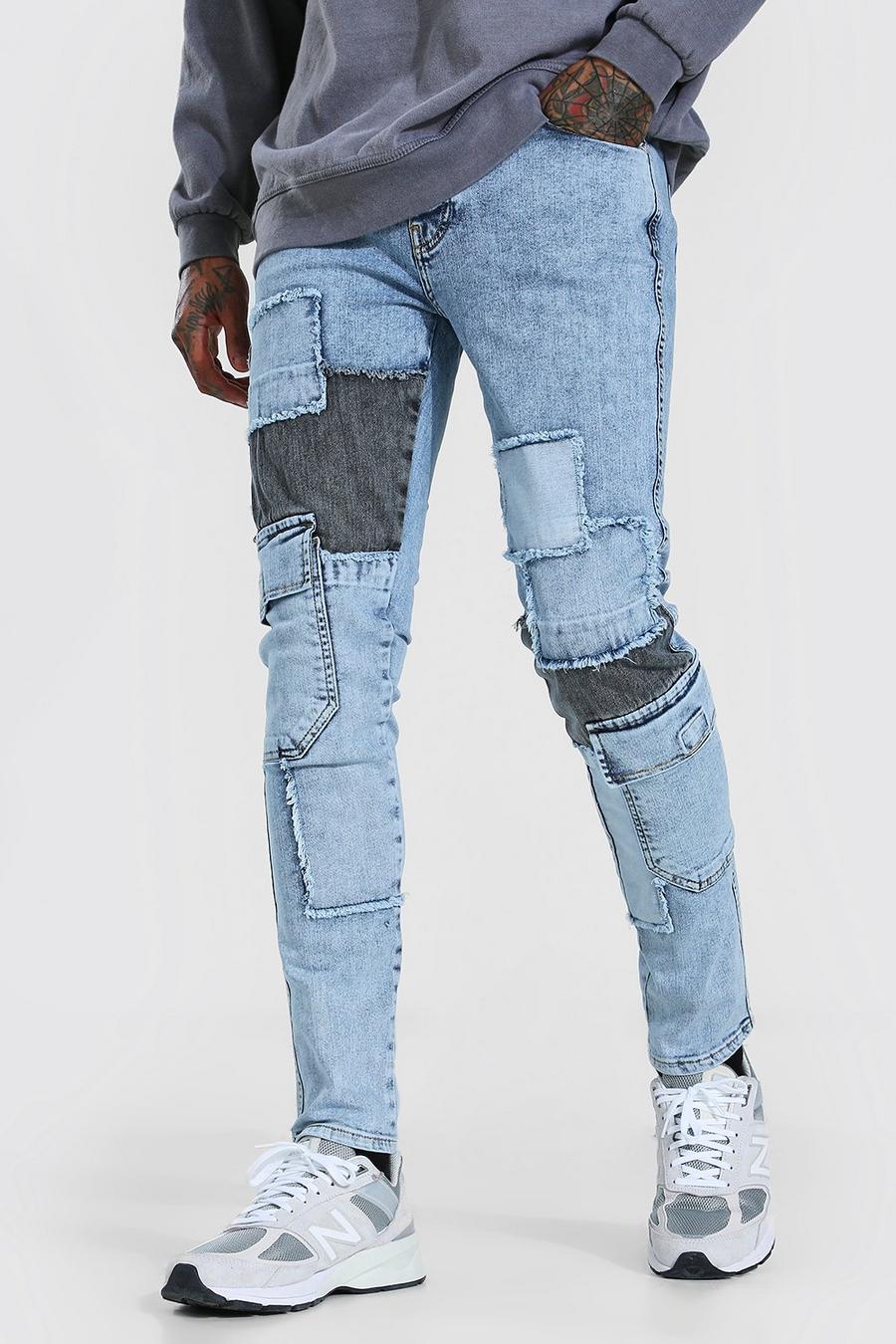 Ice blue Skinny jeans med patchwork och cargofickor image number 1