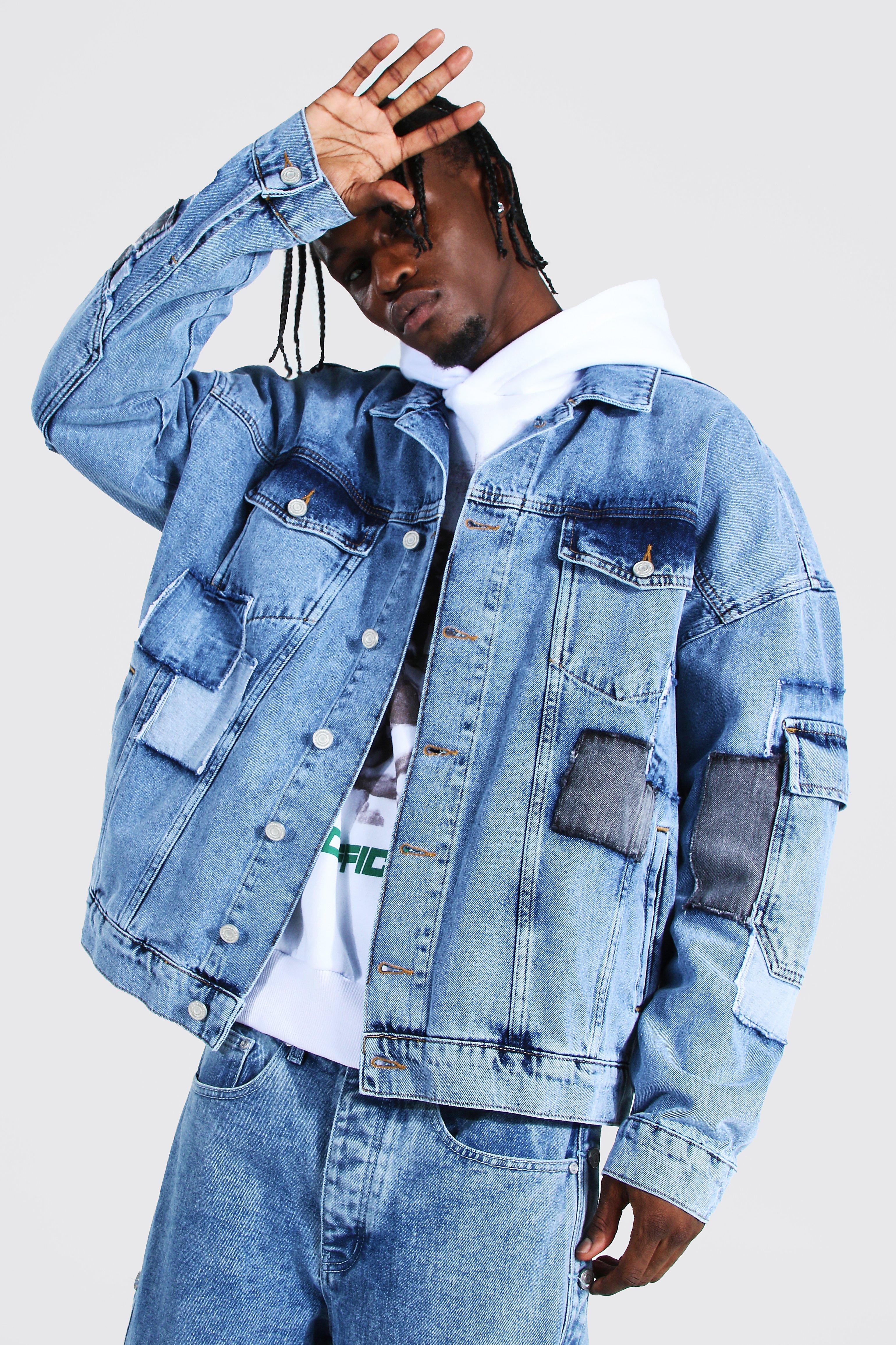 AE Long-Sleeve Patchwork Denim Hoodie Shirt