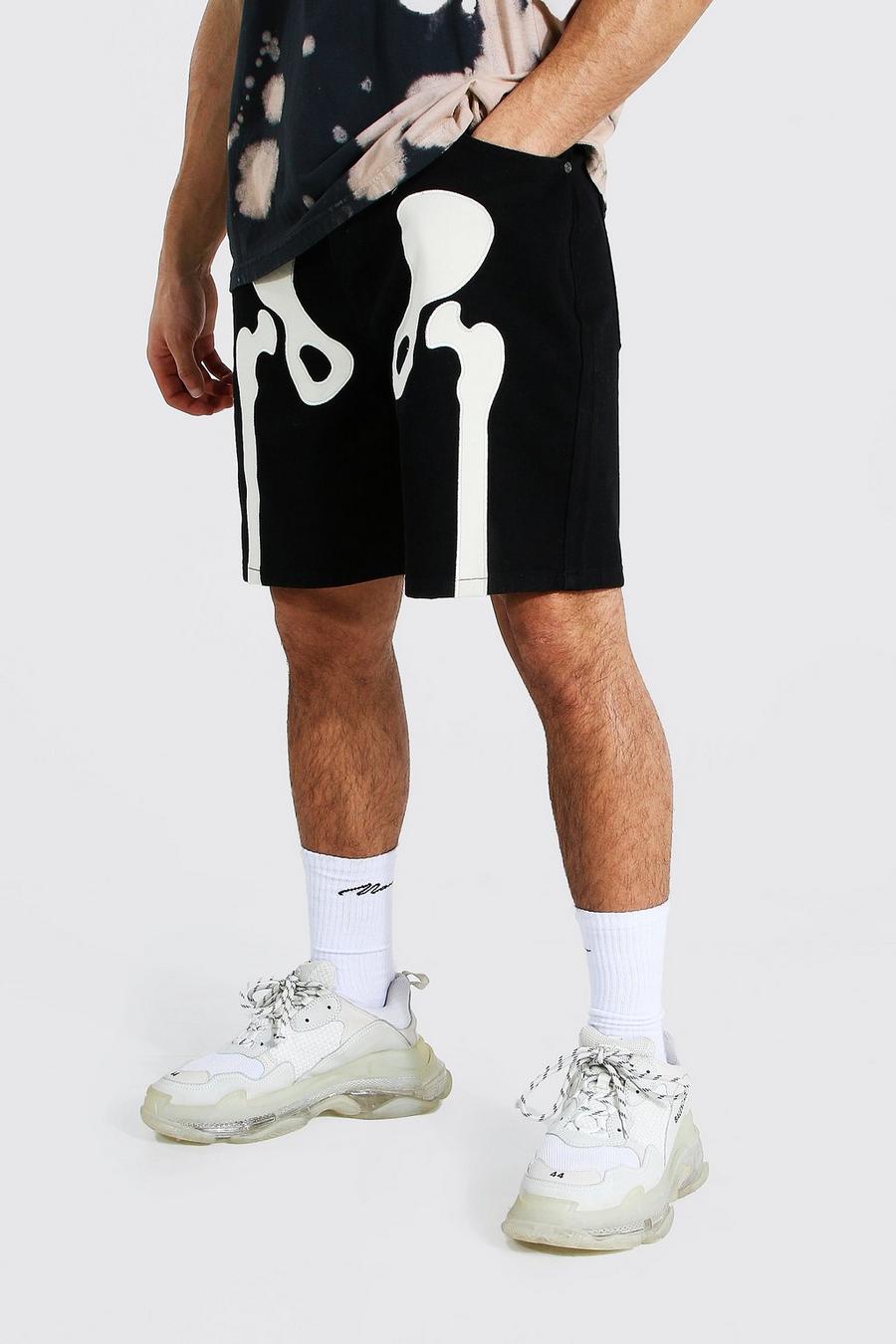 Pantalones cortos vaqueros holgados con apliques de esqueleto, Negro auténtico image number 1