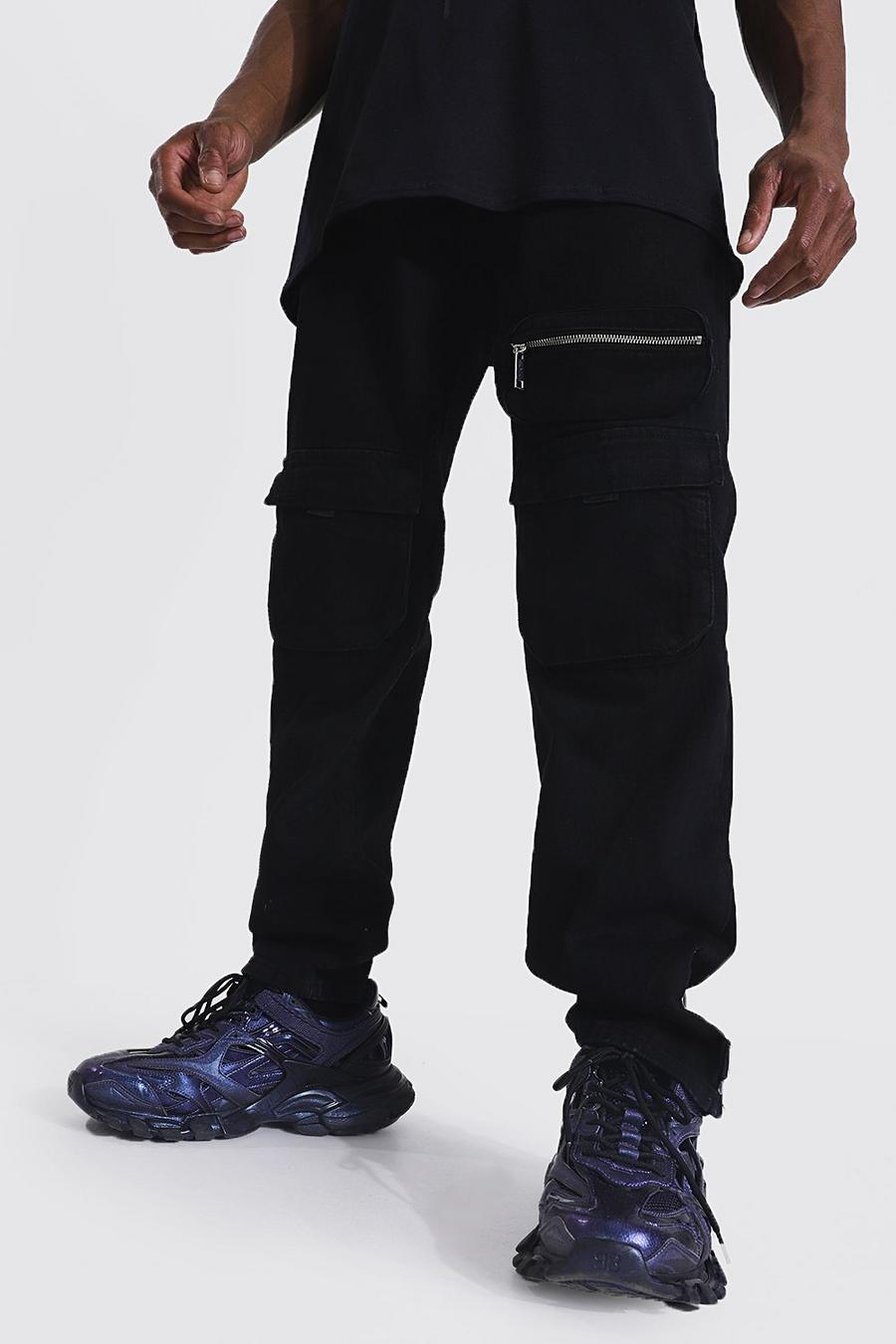 True black Jeans med ledig passform, cargofickor och tryckknappar image number 1
