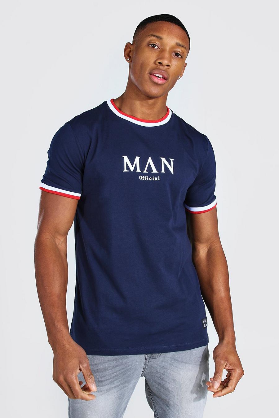 Navy Man Geribbeld T-Shirt Met Tekst En Strepen   image number 1