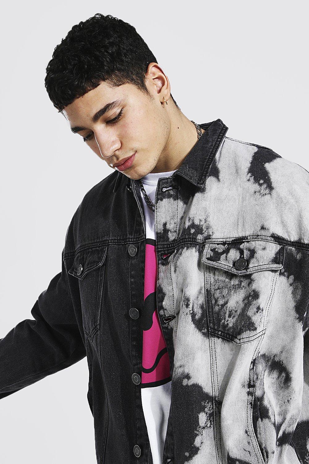 Men s Oversized Splice Tie Dye Denim Jacket Boohoo UK