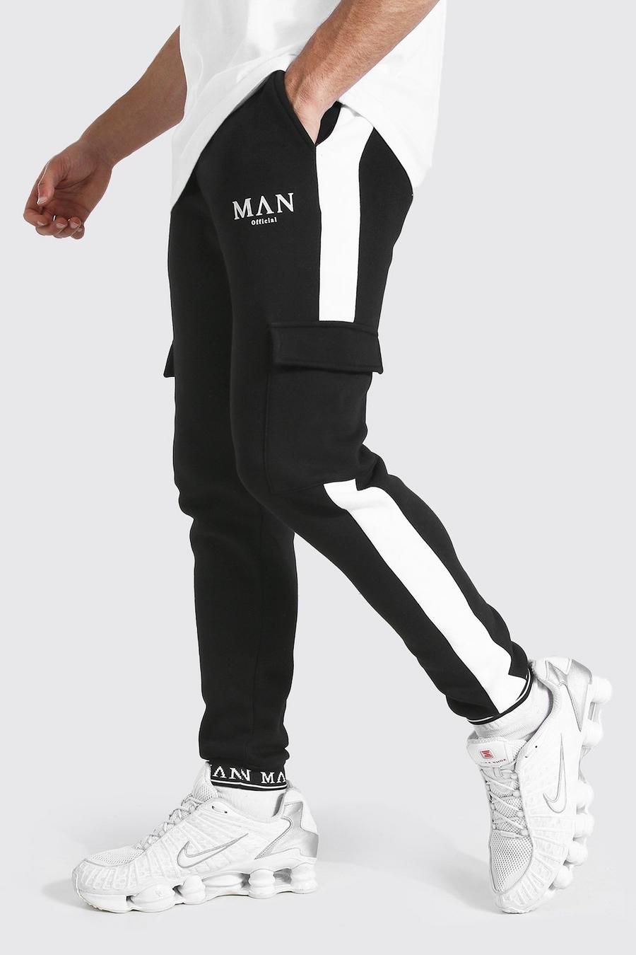 Pantaloni tuta cargo taglio skinny con ricamo Man sul fondo gamba, Nero image number 1