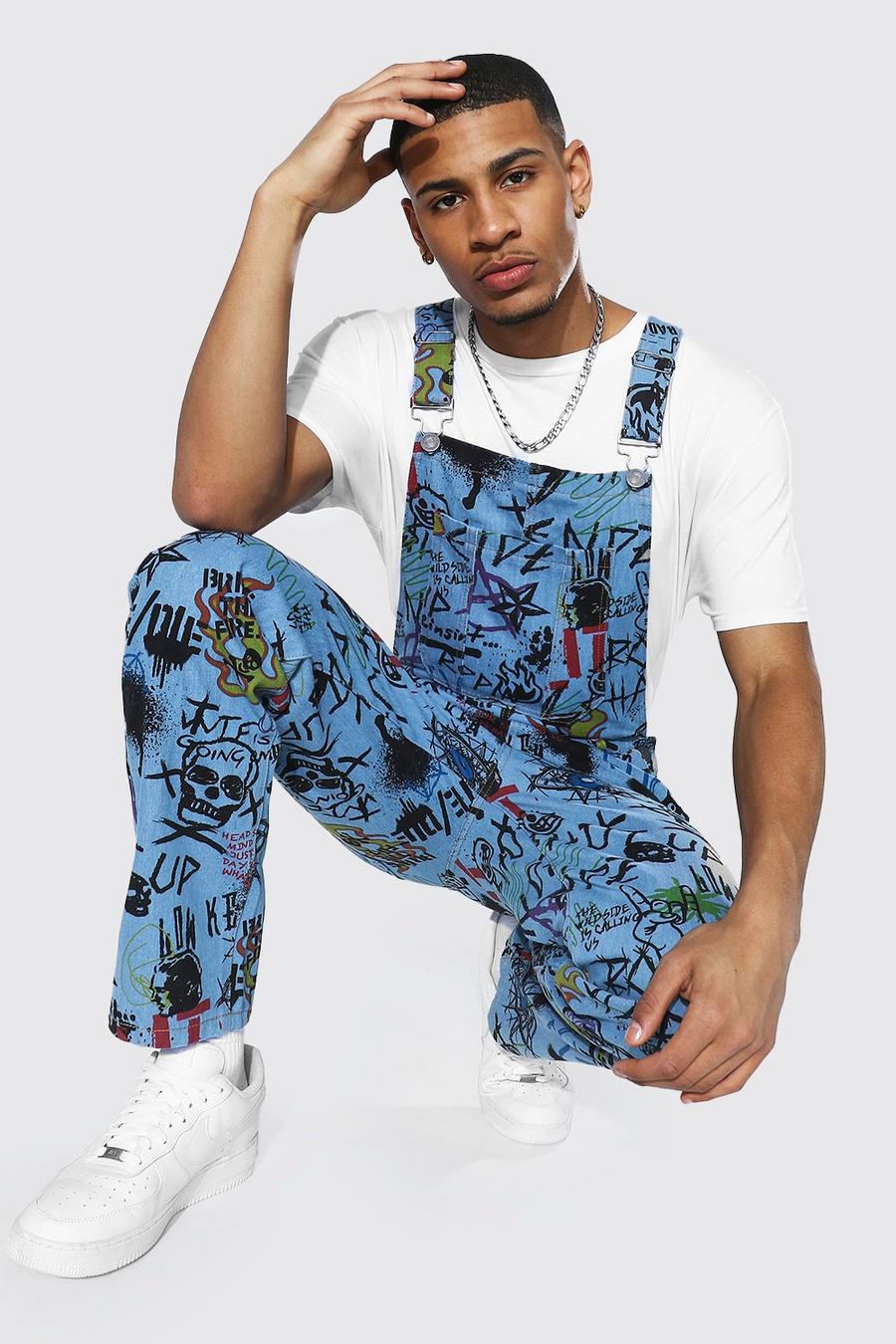 Light blue Relaxed Fit Graffiti Print Long Overalls image number 1